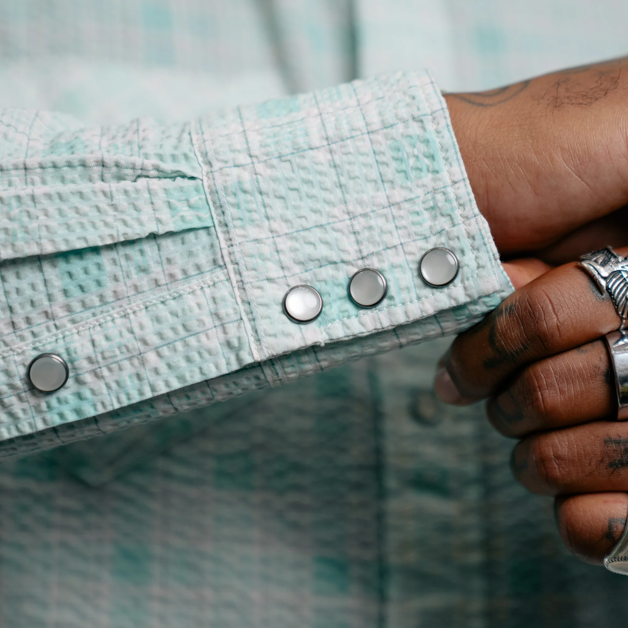 RRL Slim Fit Seersucker Western Shirt Turquoise Multi - Image 3