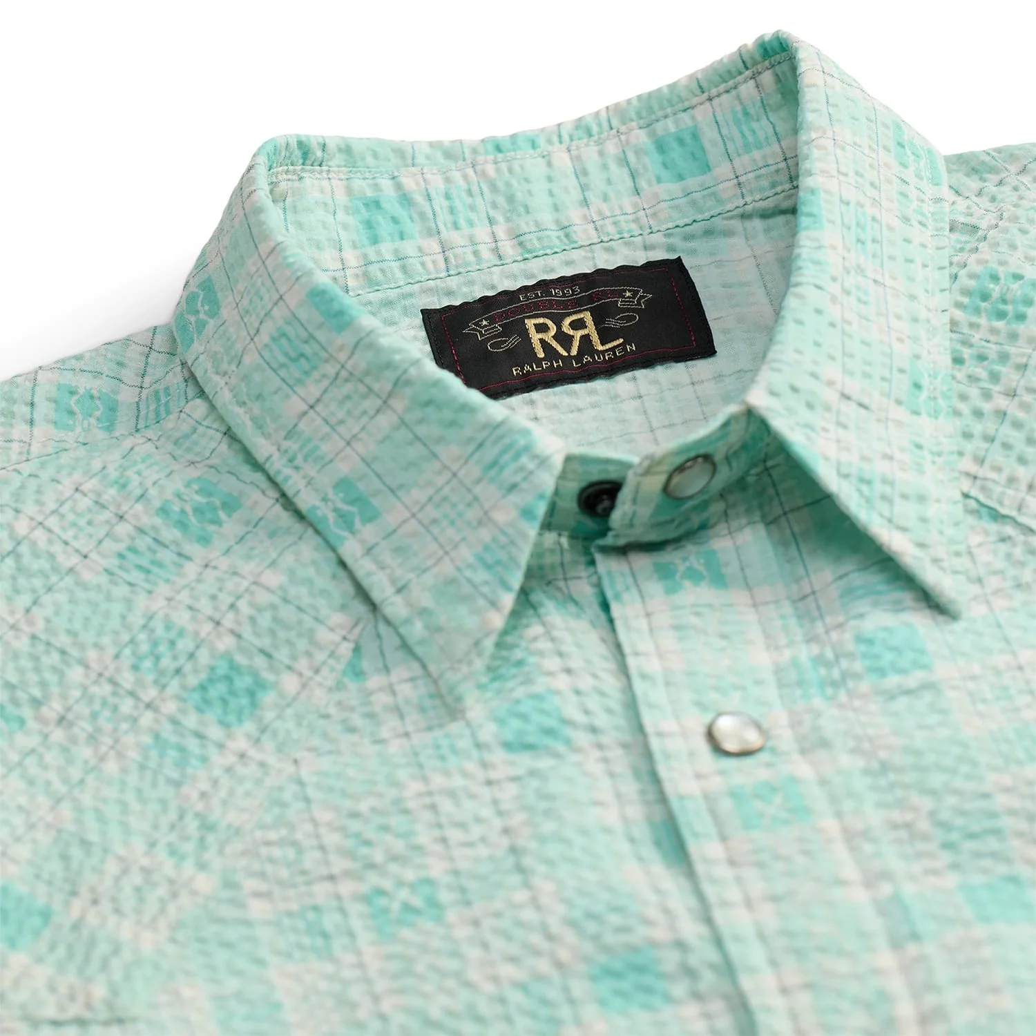 RRL Slim Fit Seersucker Western Shirt Turquoise Multi - Image 6