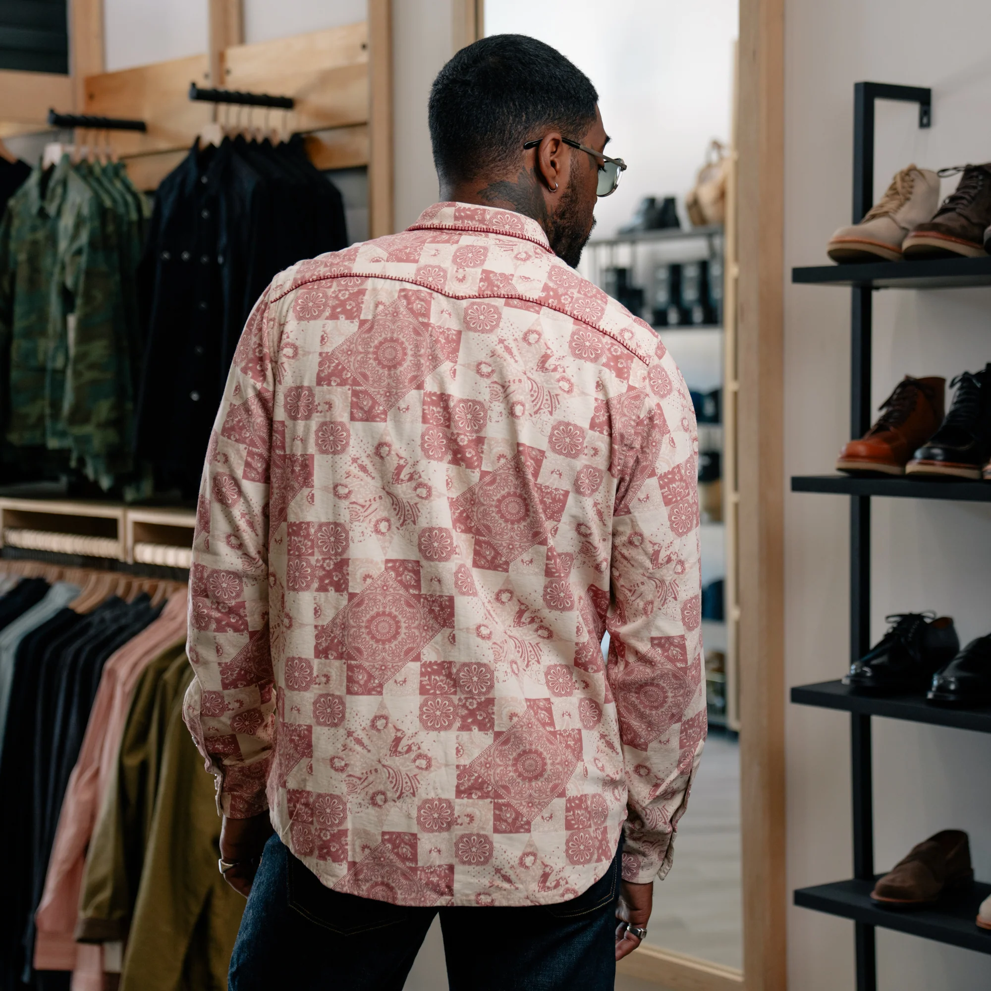 RRL Slim Fit Jersey Western Shirt Red/ Multi - Image 10