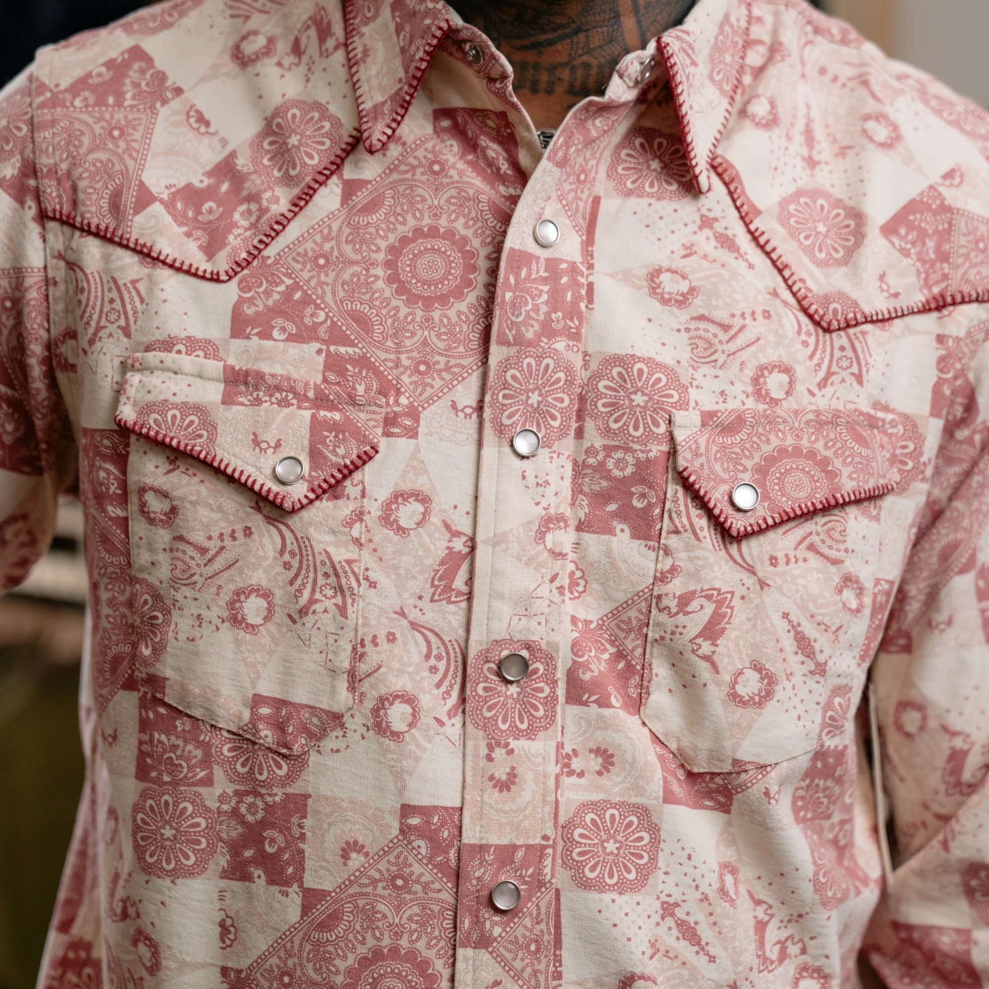 RRL Slim Fit Jersey Western Shirt Red/ Multi - Image 3