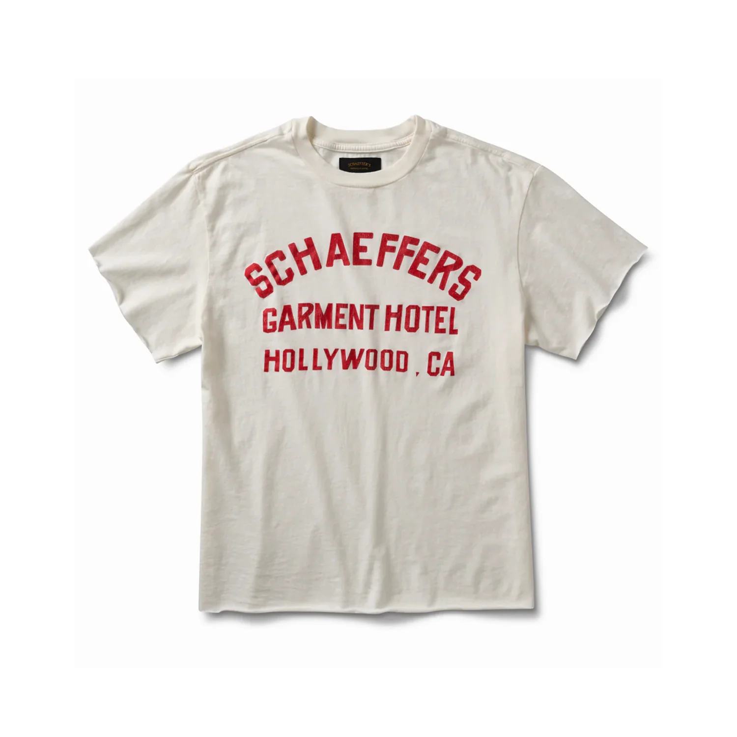 Schaeffer's Garment Hotel Cycle Varsity Drop Shoulder Raw Edge Tee White - Image 6